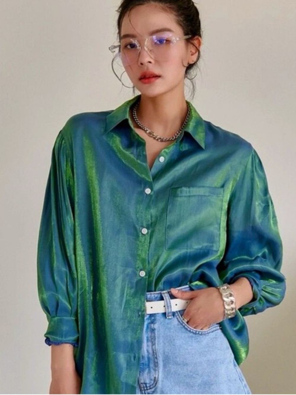 Iridescent Green-Blue Satin Button-Down Shirt